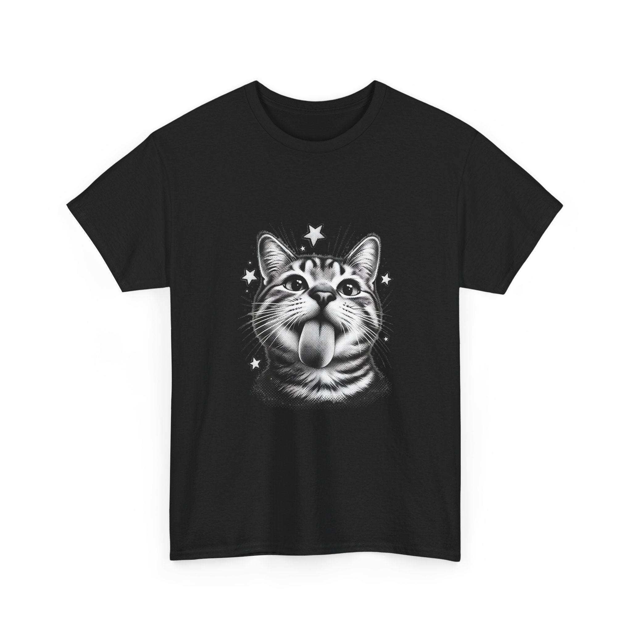Funny tongue-out cat T-shirt shown in a casual outfit